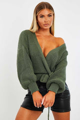 Green Wrap Tie Details Cardigan - Lucy-Cardigans