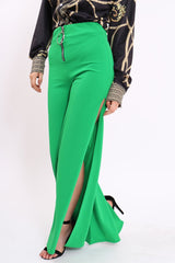 Green Zip Front High Waisted Flare Trousers - Gerta-Trousers