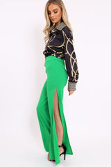 Green Zip Front High Waisted Flare Trousers - Gerta-Trousers