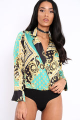 Green and Gold Scarf Print Satin Plunge Bodysuit - Moniqua-Bodysuits