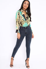 Green and Gold Scarf Print Satin Plunge Bodysuit - Moniqua-Bodysuits