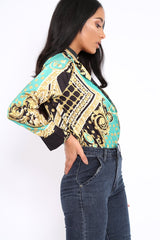 Green and Gold Scarf Print Satin Plunge Bodysuit - Moniqua-Bodysuits