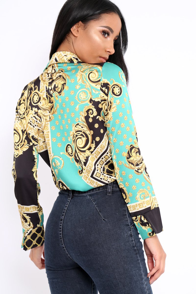 Green and Gold Scarf Print Satin Plunge Bodysuit - Moniqua-Bodysuits