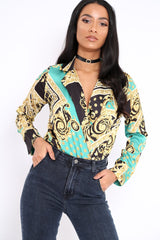 Green and Gold Scarf Print Satin Plunge Bodysuit - Moniqua-Bodysuits