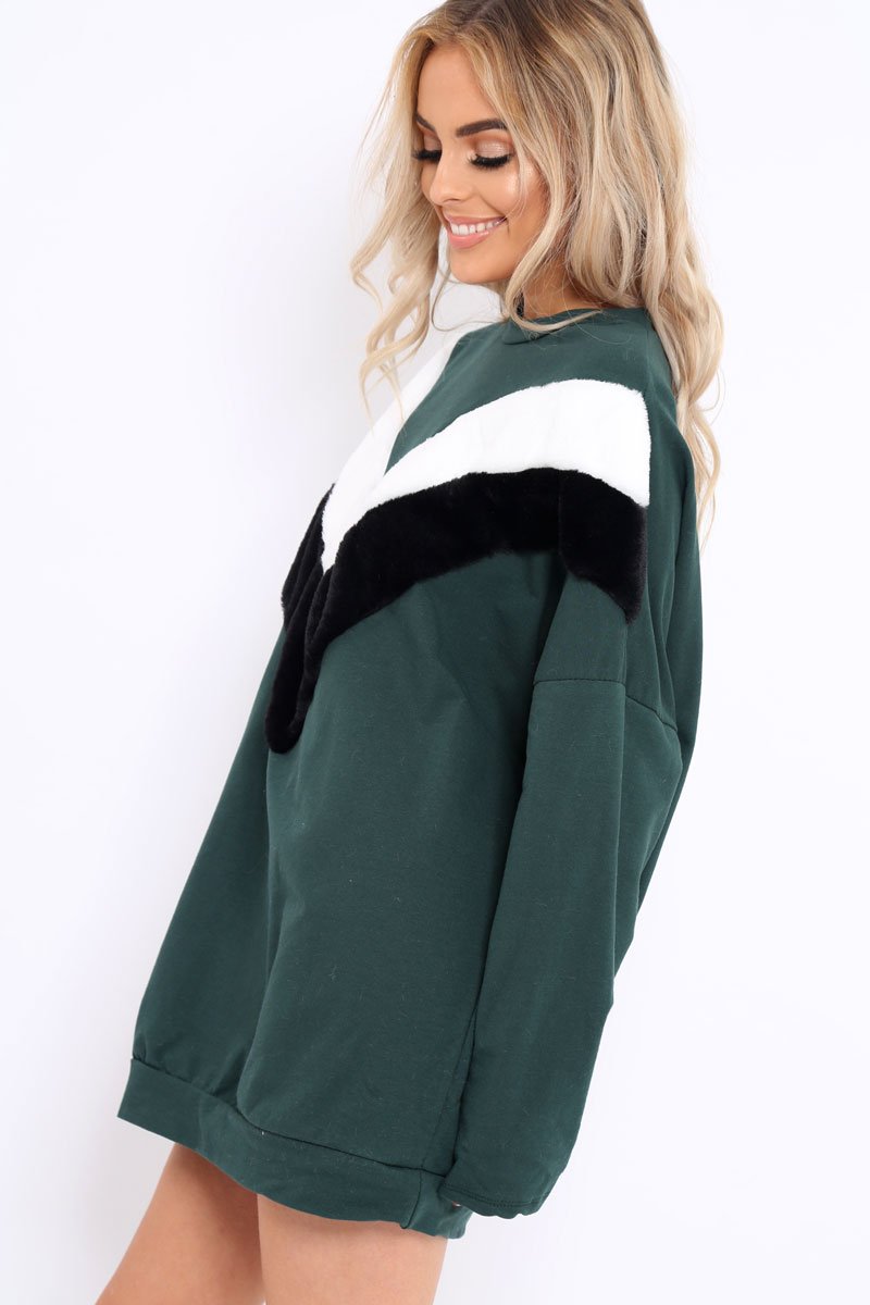 Green with White and Black Chevron Fur Jumper Dress- Lula-Dresses