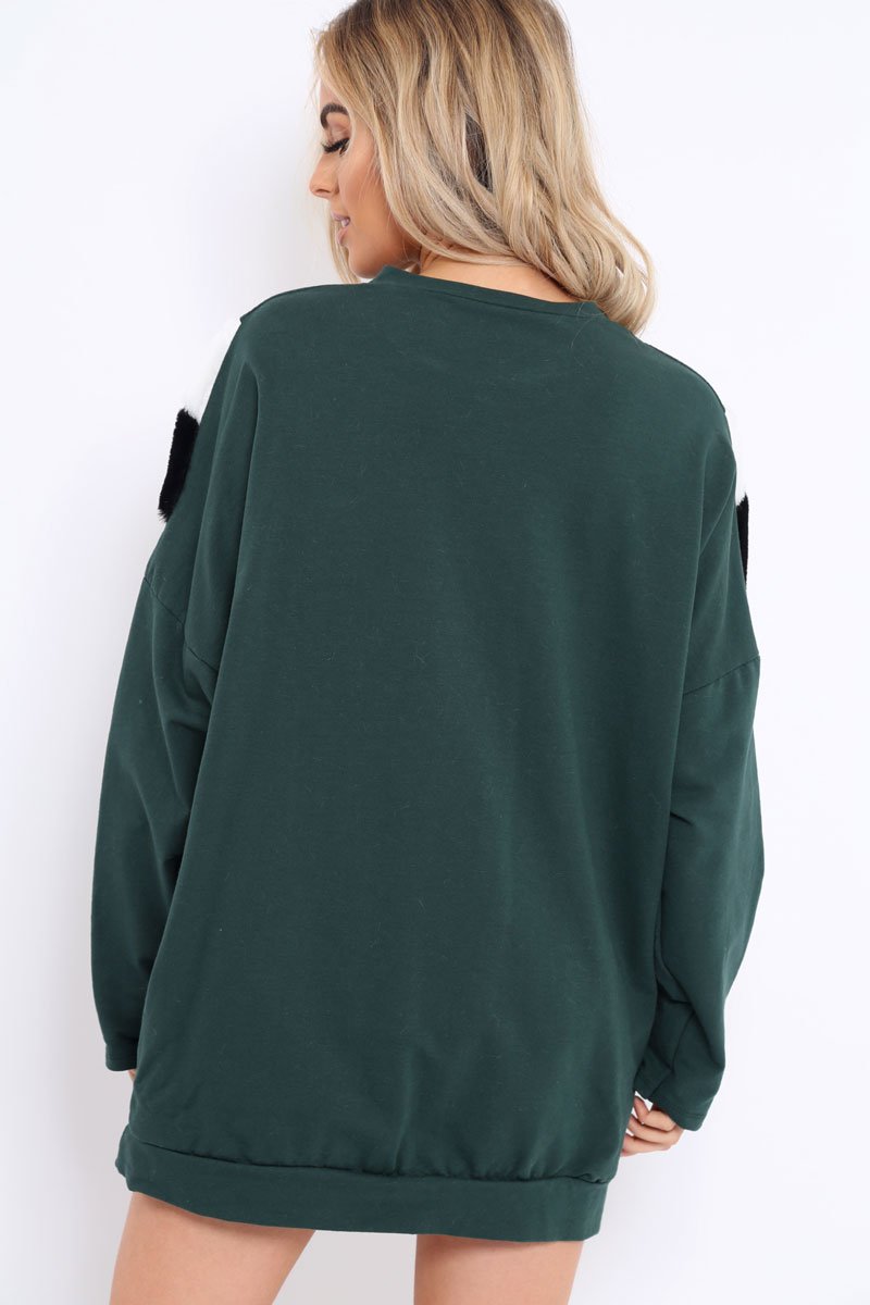 Green with White and Black Chevron Fur Jumper Dress- Lula-Dresses