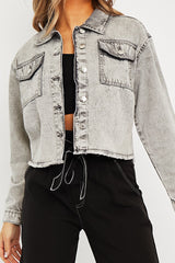 Grey Acid Frayed Hem Cropped Denim Jacket - Caryn-Jackets