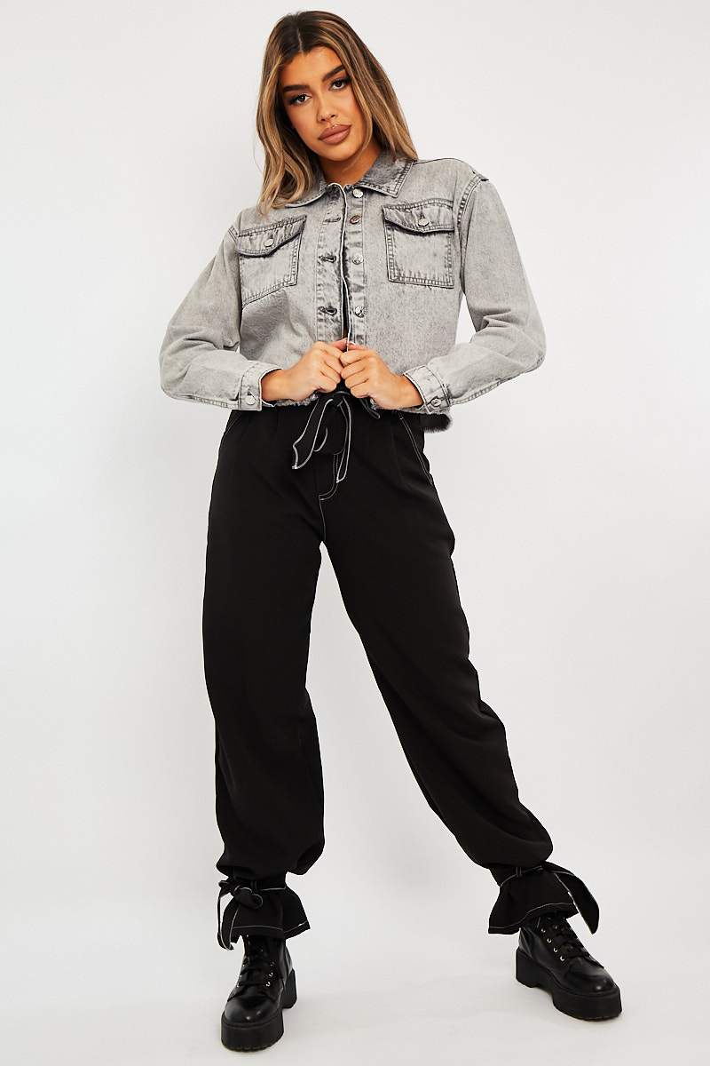 Grey Acid Frayed Hem Cropped Denim Jacket - Caryn-Jackets