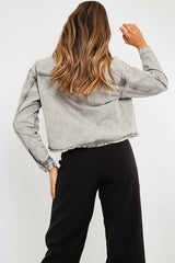 Grey Acid Frayed Hem Cropped Denim Jacket - Caryn-Jackets