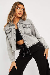 Grey Acid Frayed Hem Cropped Denim Jacket - Caryn-Jackets