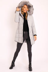 Grey Adjustable Back Long Puffer Coat - Maezie-Coats