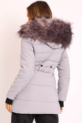 Grey Adjustable Waist Longline Puffer Coat - Zofia-Coats