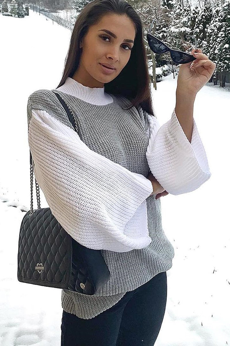 Grey And White Knitted High Neck Oversized Jumper - Cerina-Jumper