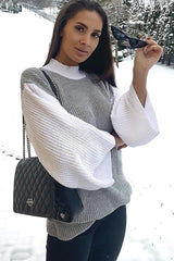 Grey And White Knitted High Neck Oversized Jumper - Cerina-Jumper