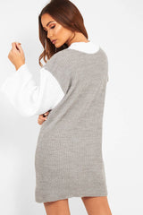 Grey And White Knitted High Neck Oversized Jumper - Cerina-Jumper