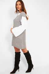 Grey And White Knitted High Neck Oversized Jumper - Cerina-Jumper
