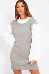 Grey And White Knitted High Neck Oversized Jumper - Cerina-Jumper