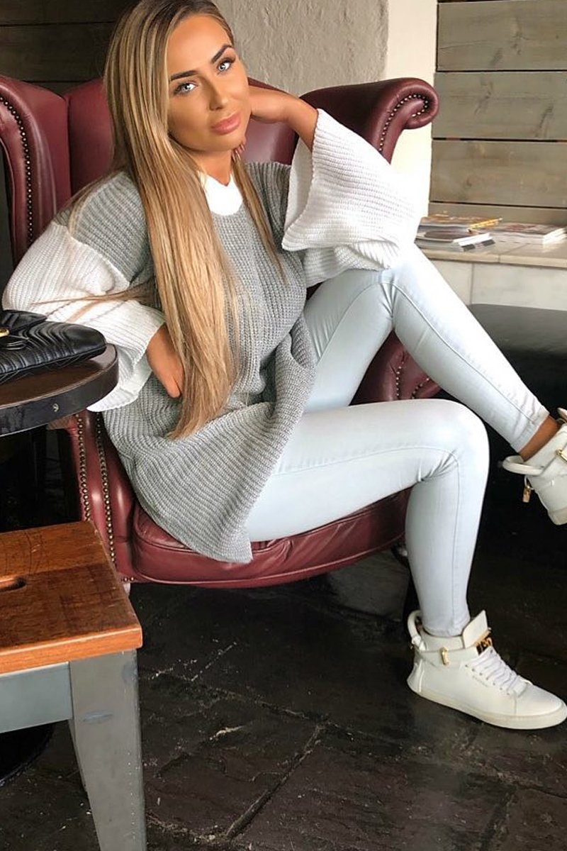 Grey And White Knitted High Neck Oversized Jumper - Cerina-Jumper