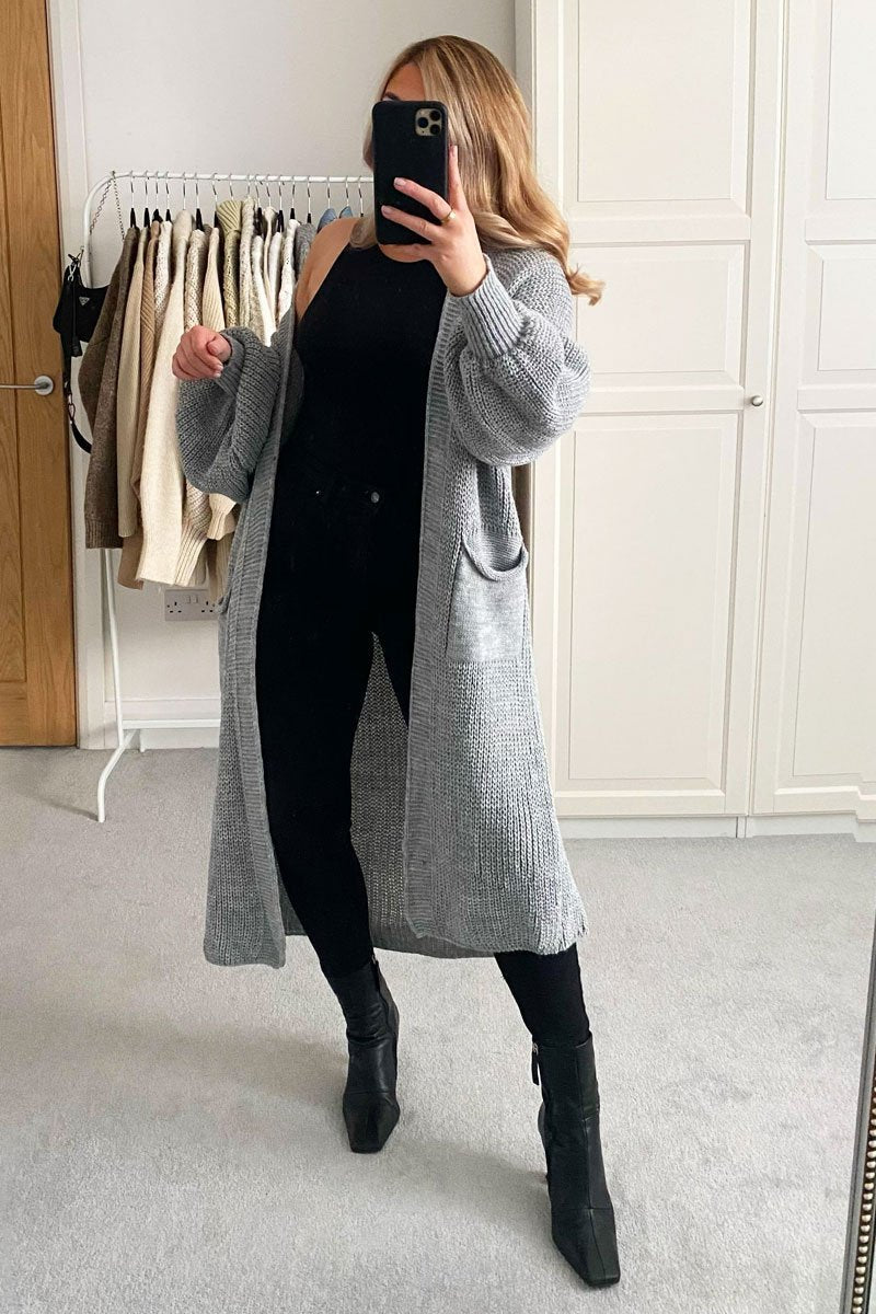 Grey Balloon Sleeve Maxi Knit Cardigan - Imara-Cardigans