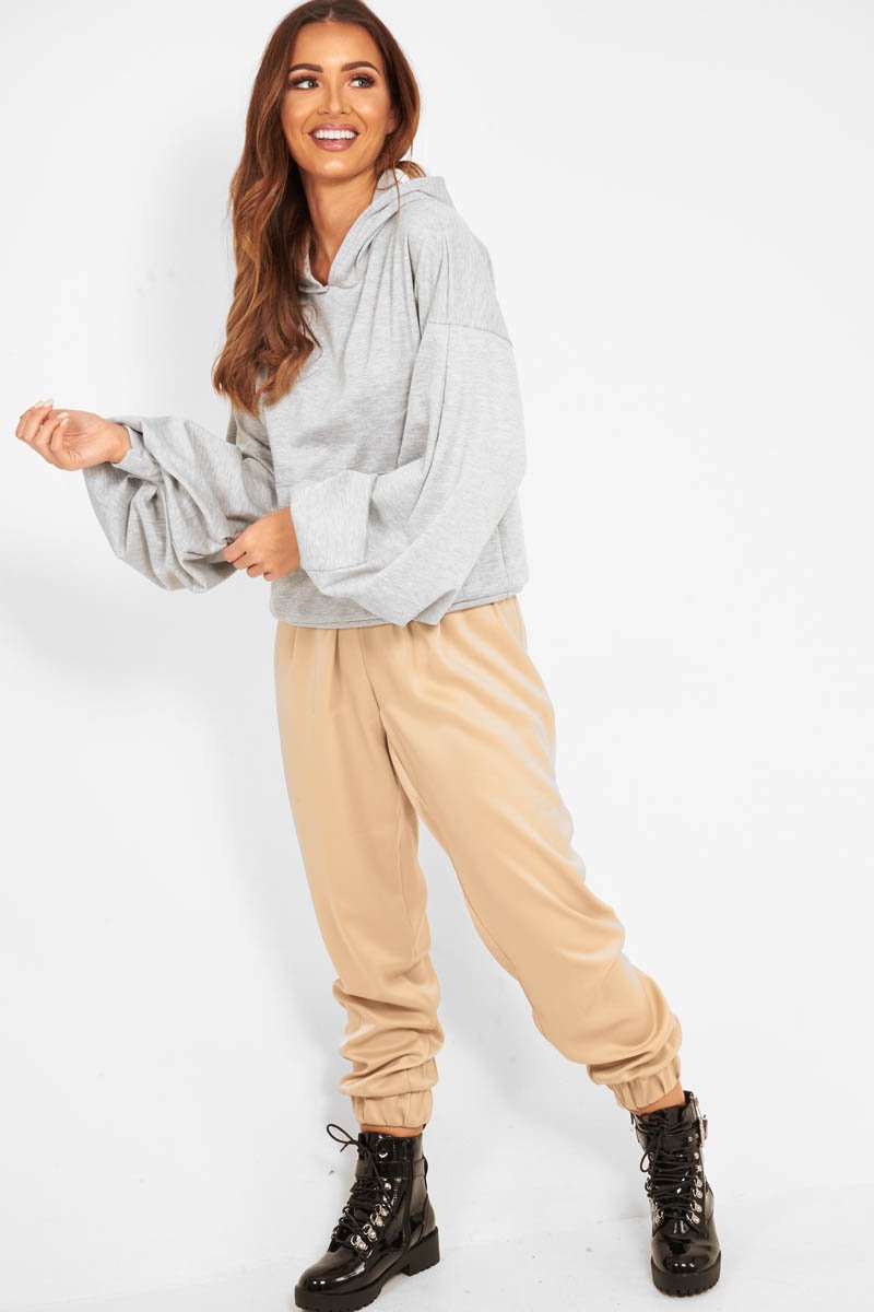 Grey Balloon Sleeve Pocket Front Hoodie - Lainee-Hoodies