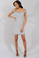 Grey Bandage Bardot Crochet Trim Dress - Stasia-Dresses