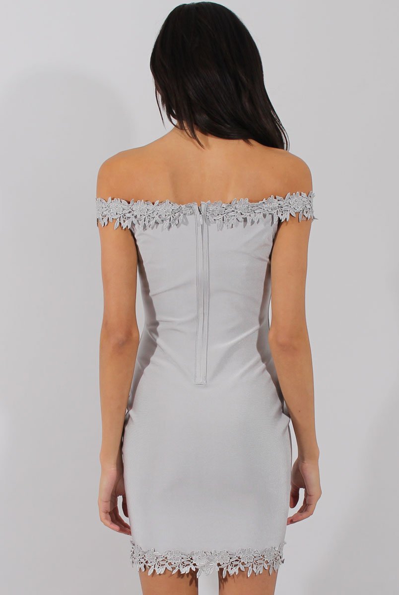 Grey Bandage Bardot Crochet Trim Dress