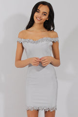 Grey Bandage Bardot Crochet Trim Dress - Stasia-Dresses