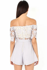Grey Bardot Crochet Playsuit - Wynn-Playsuits