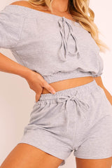 Grey Bardot Crop and Shorts Loungewear Co-ord - Jahari-Co-ords