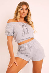 Grey Bardot Crop and Shorts Loungewear Co-ord - Jahari-Co-ords