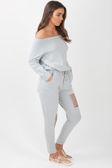 Grey Bardot Distressed Jumpsuit - Bethan-Jumpsuits
