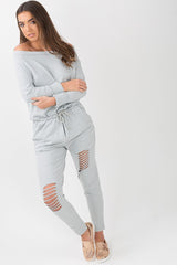 Grey Bardot Distressed Jumpsuit - Bethan-Jumpsuits