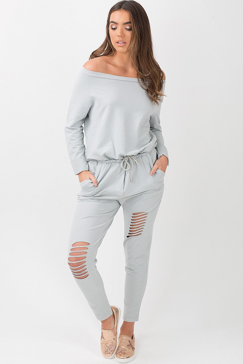 Grey Bardot Distressed Jumpsuit - Bethan-Jumpsuits