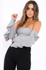 Grey Bardot Frill Sleeve Crop Top - Makayla-Crop Tops