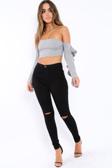 Grey Bardot Frill Sleeve Crop Top - Makayla-Crop Tops