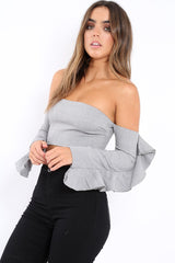 Grey Bardot Frill Sleeve Crop Top - Makayla-Crop Tops