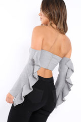 Grey Bardot Frill Sleeve Crop Top - Makayla-Crop Tops