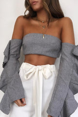 Grey Bardot Frill Sleeve Crop Top - Makayla-Crop Tops