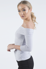 Grey Bardot Ruched Top - Sandra-Tops