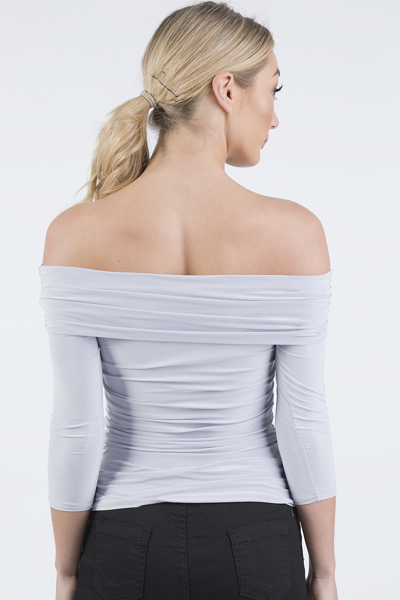 Grey Bardot Ruched Top - Sandra-Tops