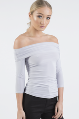 Grey Bardot Ruched Top - Sandra-Tops