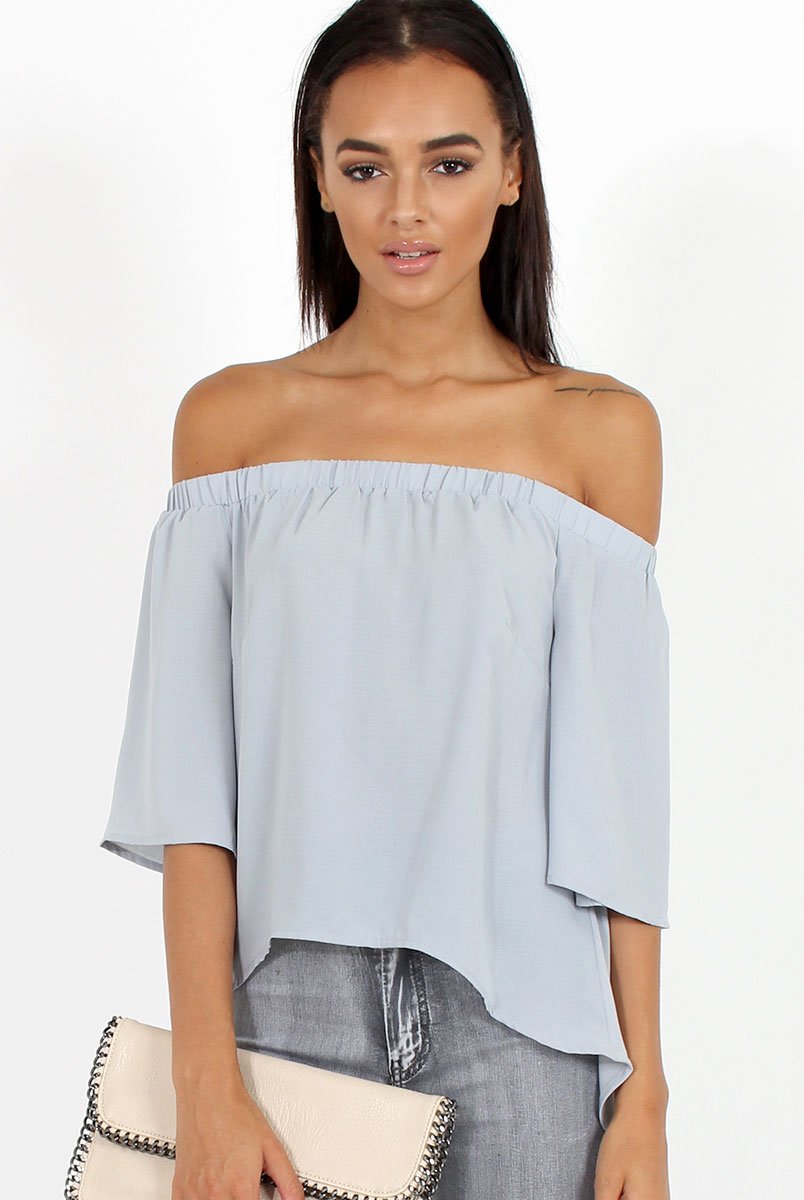 Grey Bardot Split Back Dipped Hem Top - Cici-Tops