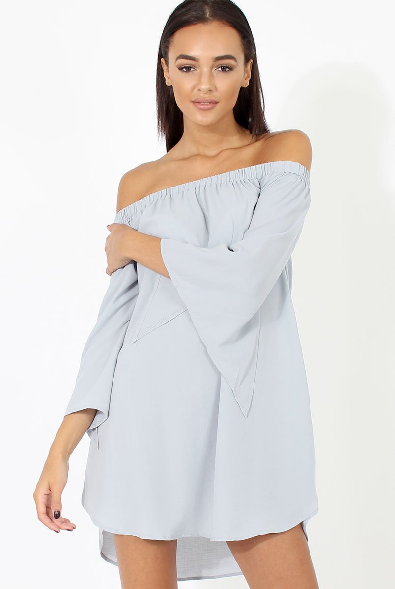Grey Bardot Split Sleeve Dress - Sharpay-Dresses