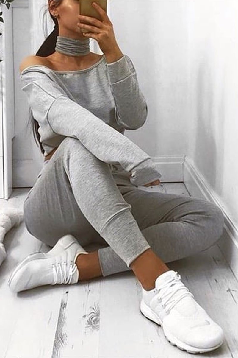 Grey Bardot Sweatshirt and Joggers Loungewear Set - Marnie-Loungewear