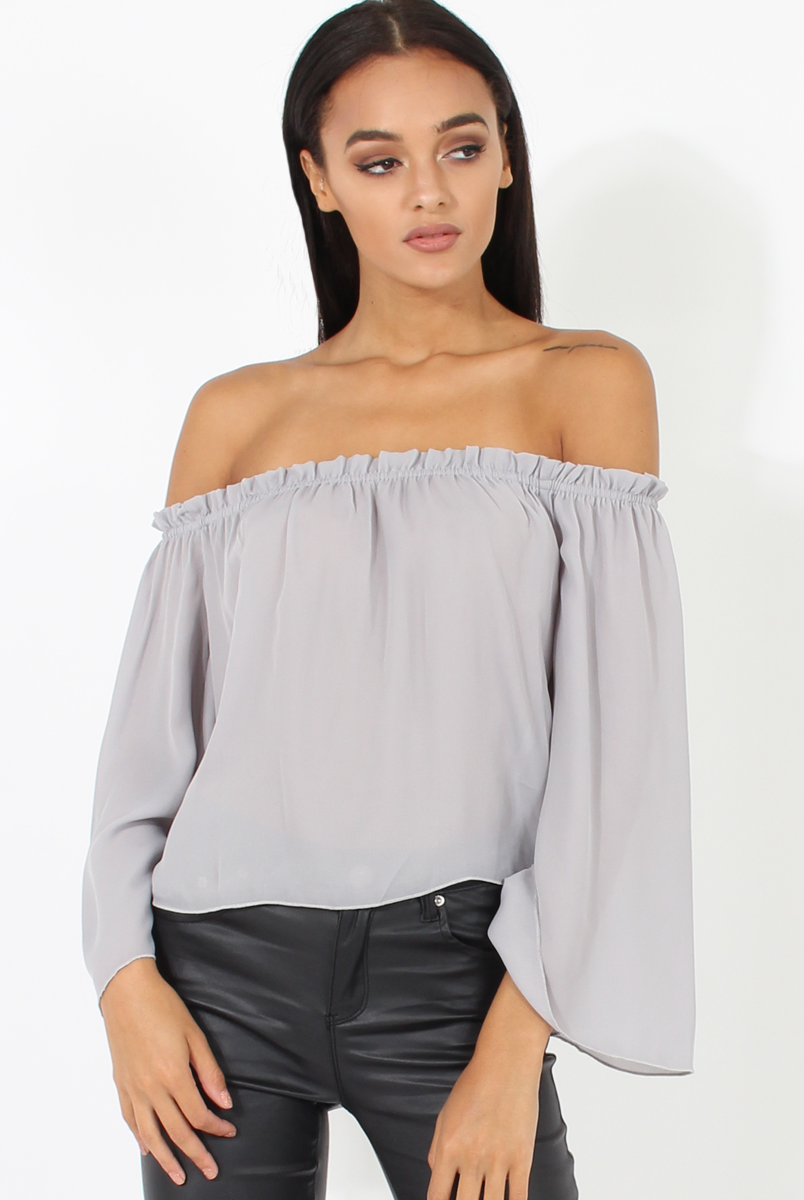 Grey Bardot Three Quarter Bell Sleeve Crop- Chantelle-Dresses