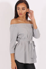 Grey Bardot Tie Waist Top - Angie-Tops