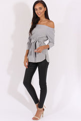 Grey Bardot Tie Waist Top - Angie-Tops