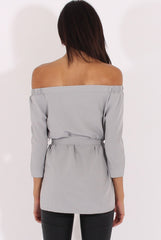 Grey Bardot Tie Waist Top - Angie-Tops