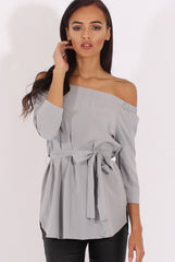 Grey Bardot Tie Waist Top - Angie-Tops