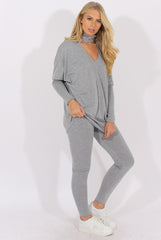 Grey Batwing High Neck Cut Out Tracksuit - Hetty-Tracksuits